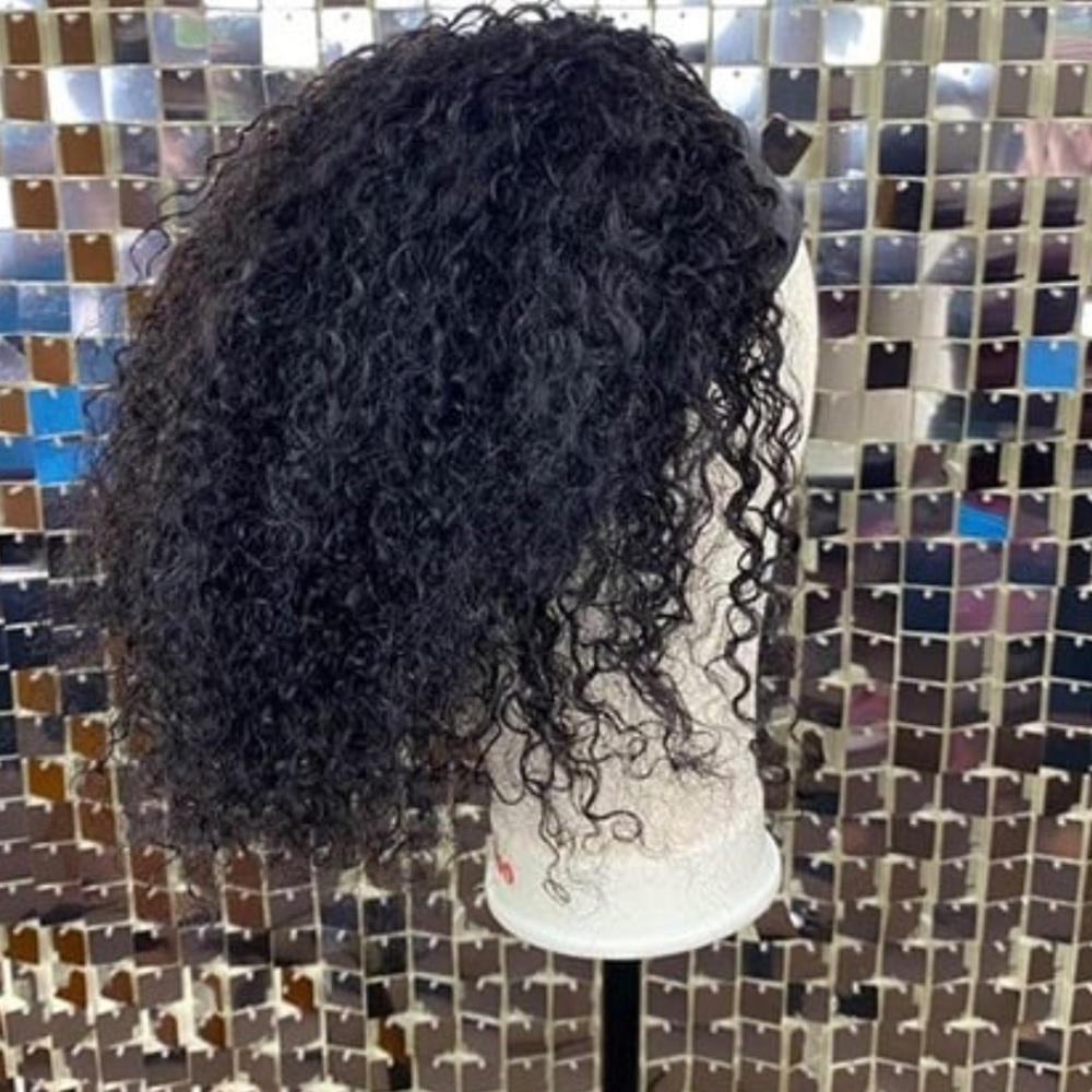 Deep Wave Headband Wig 12" Human Hair 150% Density Natural Black Glueless Bob